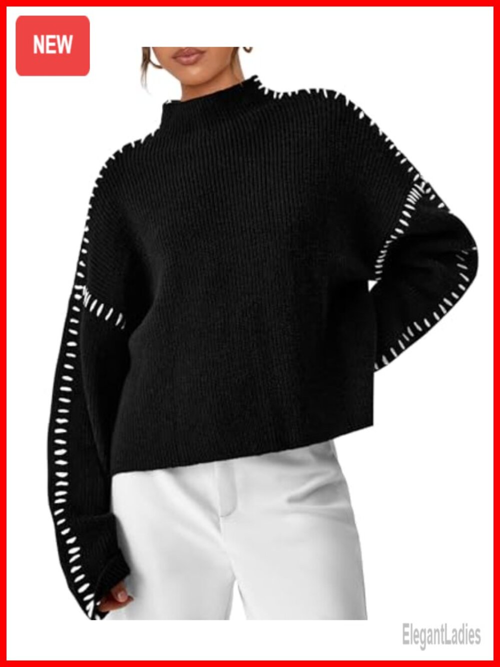 Womens Chunky Knit Oversized Pullover Sweater Mock Neck Ribbed